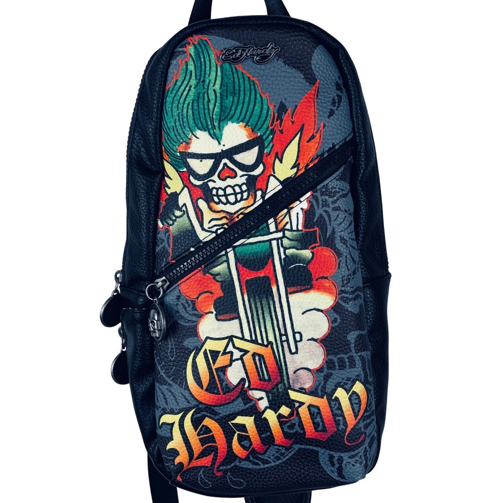 Ed Hardy Black Vegan Leather Sling Bag Tattoo Skull Motorcycle Graphic NWT